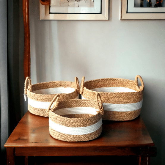 Set 3 cestas junco blanca natural