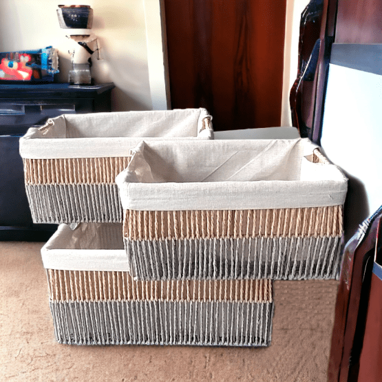 Set de 3 cestas rectangulares con tela