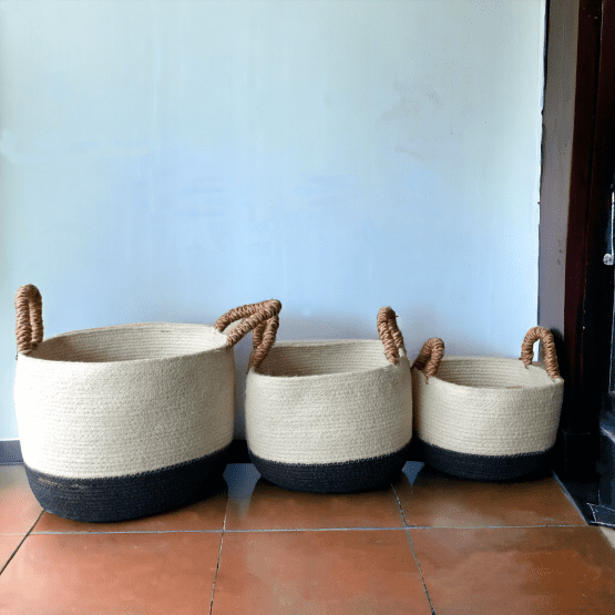 Set 3 cestas gris y blanca con asas